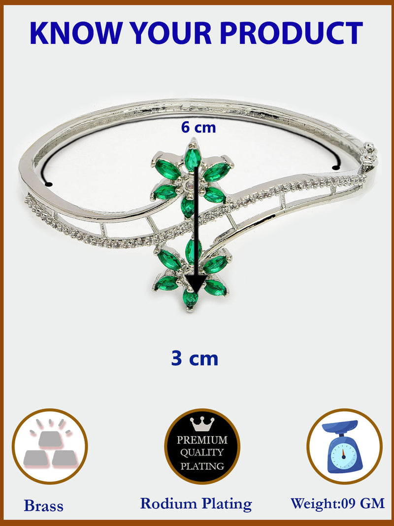 Rhodium Plated Silver Toned Floral Design Green American Diamond Studded Cuff Bracelet