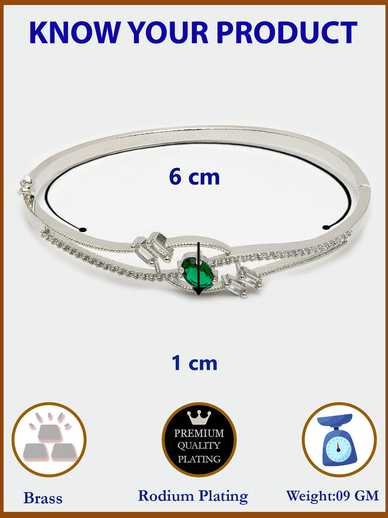 Rhodium Plated Silver Toned  Green Oval American Diamond Studded Cuff Bracelet