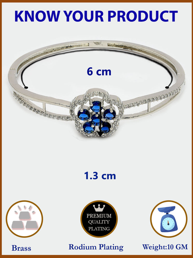 Rhodium Plated Silver Toned Floral Cluster Blue American Diamond  Studded Cuff Bracelet