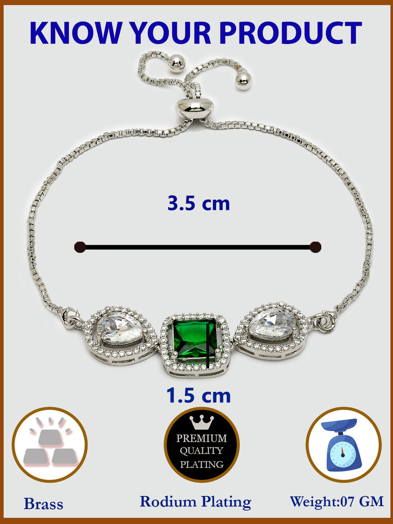 Rhodium Plated with Green & White American Diamond Studded Wraparound Bracelet