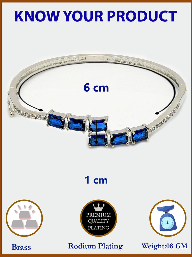 Rhodium Plated Silver Toned Blue Baguette Cut American Diamond Studded Cuff Bracelet