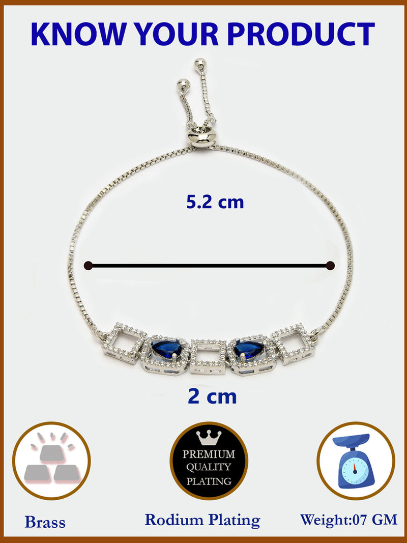Rhodium Plated Silver Toned White Square Cut Blue Teardrop Ad Studded Wraparound Adjustable Bracelet