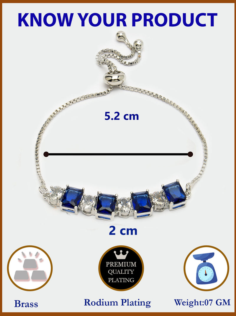 Rhodium Plated Silver Toned White Round & Blue Square Cut Studded Wraparound Adjustable Bracelet