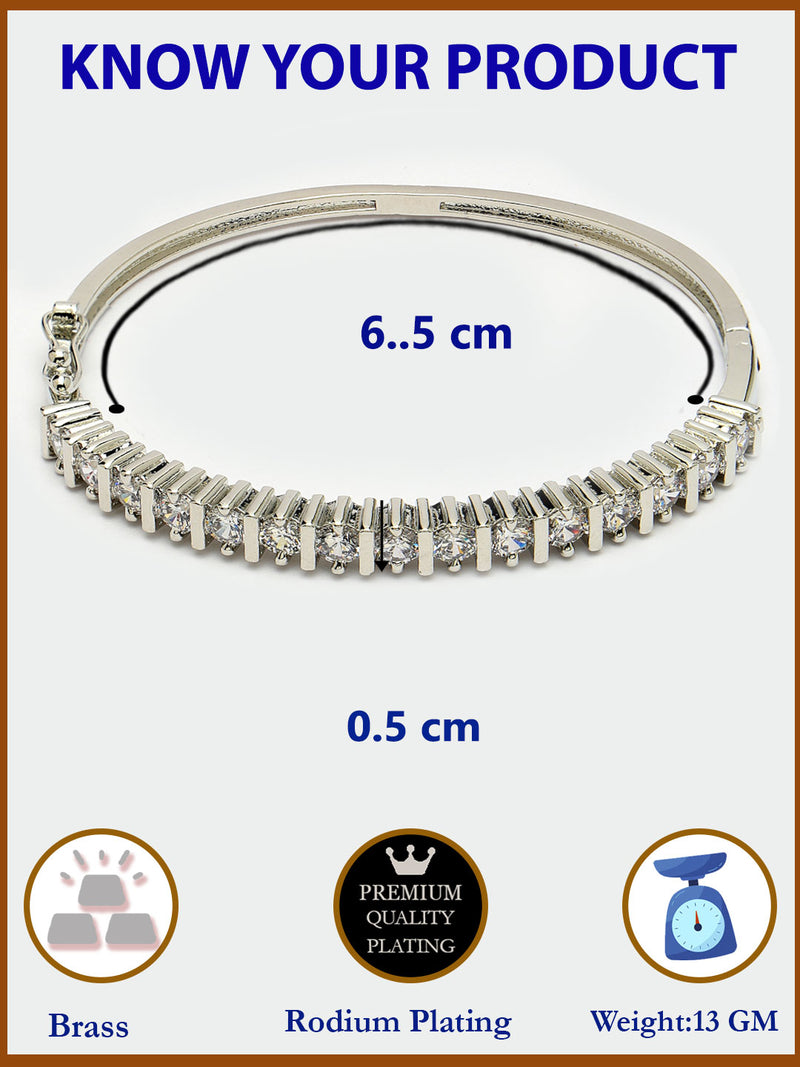 Rhodium Plated Silver Toned Minimal Round White American Diamond Studded Cuff Bracelet
