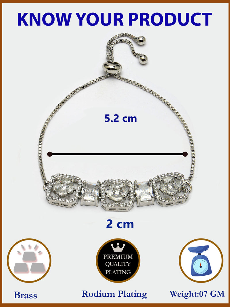 Rhodium Plated Silver Toned White Round & Rectangle American Diamond Studded Wraparound Adjustable Bracelet