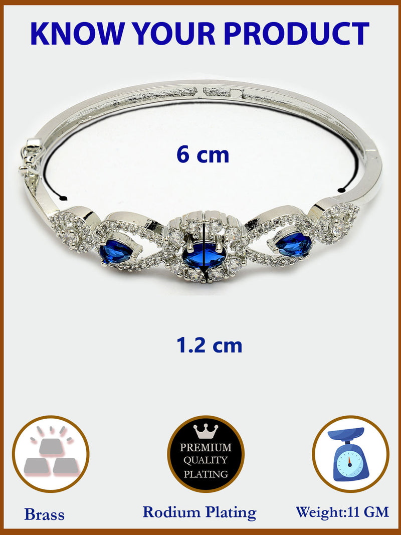 Rhodium Plated Silver Toned Oval & Teardrop Blue American Diamond Studded Cuff Bracelet