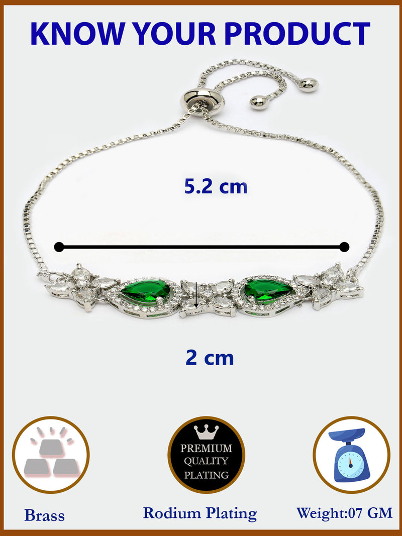 Rhodium Plated Silver Toned White Flower & Green Teardrop AD Studded Wraparound Adjustable Bracelet