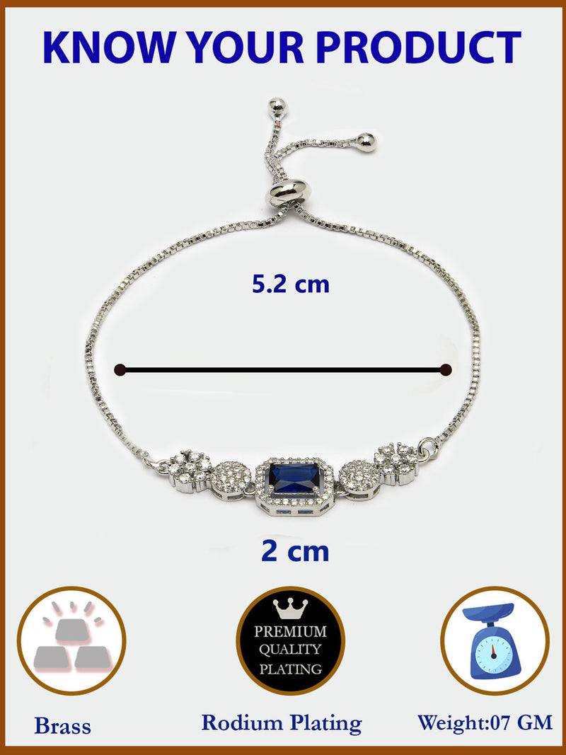 Rhodium Plated Silver Toned Blue Square Centerpiece Ad Studded Bracelet With Beads & Floral Accents  Wraparound Adjustable Bracelet