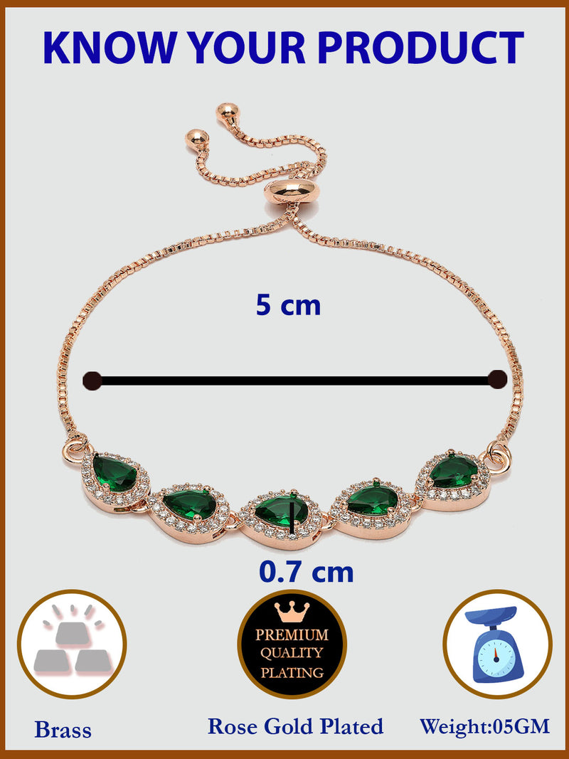 Rose Gold Plated Teardrop Shaped Emerald Green American Diamond Studded Bracelet