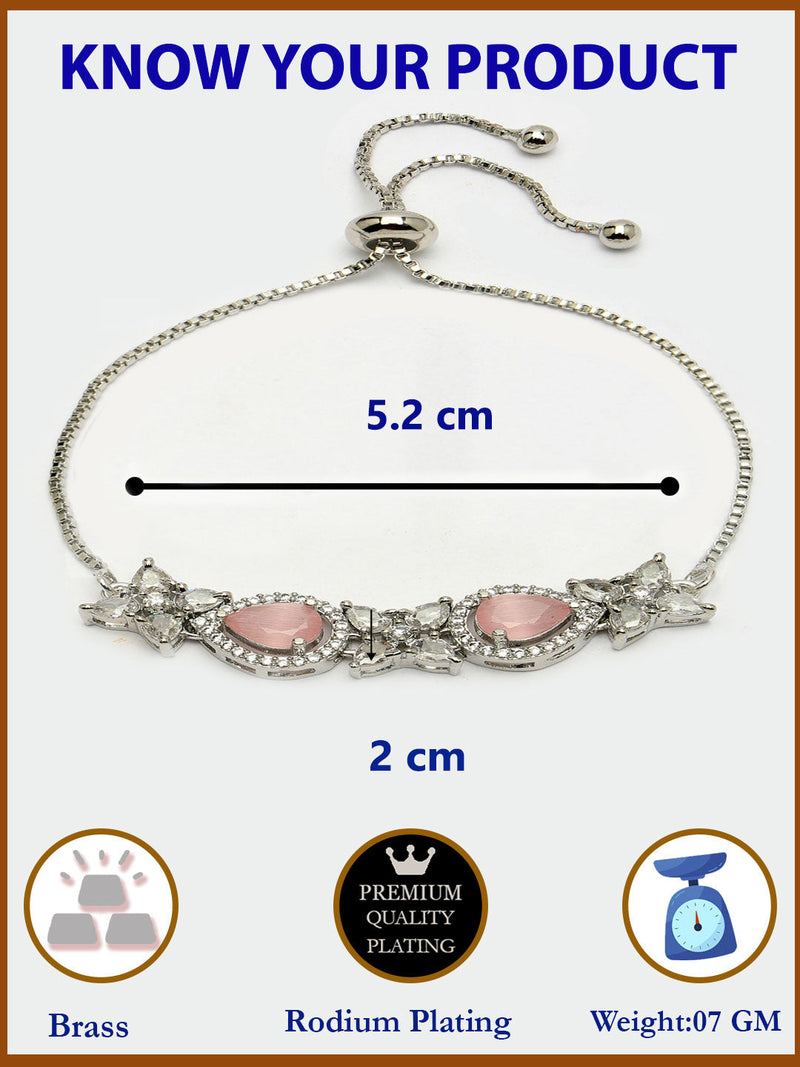 Rhodium Plated Silver Toned White Flower & Pink Teardrop American Diamond Studded  Wraparound Adjustable Bracelet
