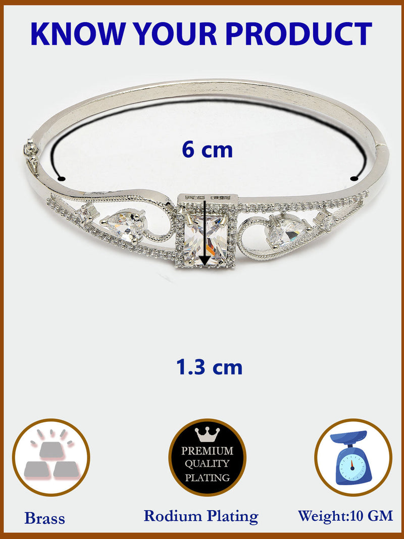 Rhodium Plated Silver Toned White Square & Teardrop American Diamond Studded Cuff Bracelet