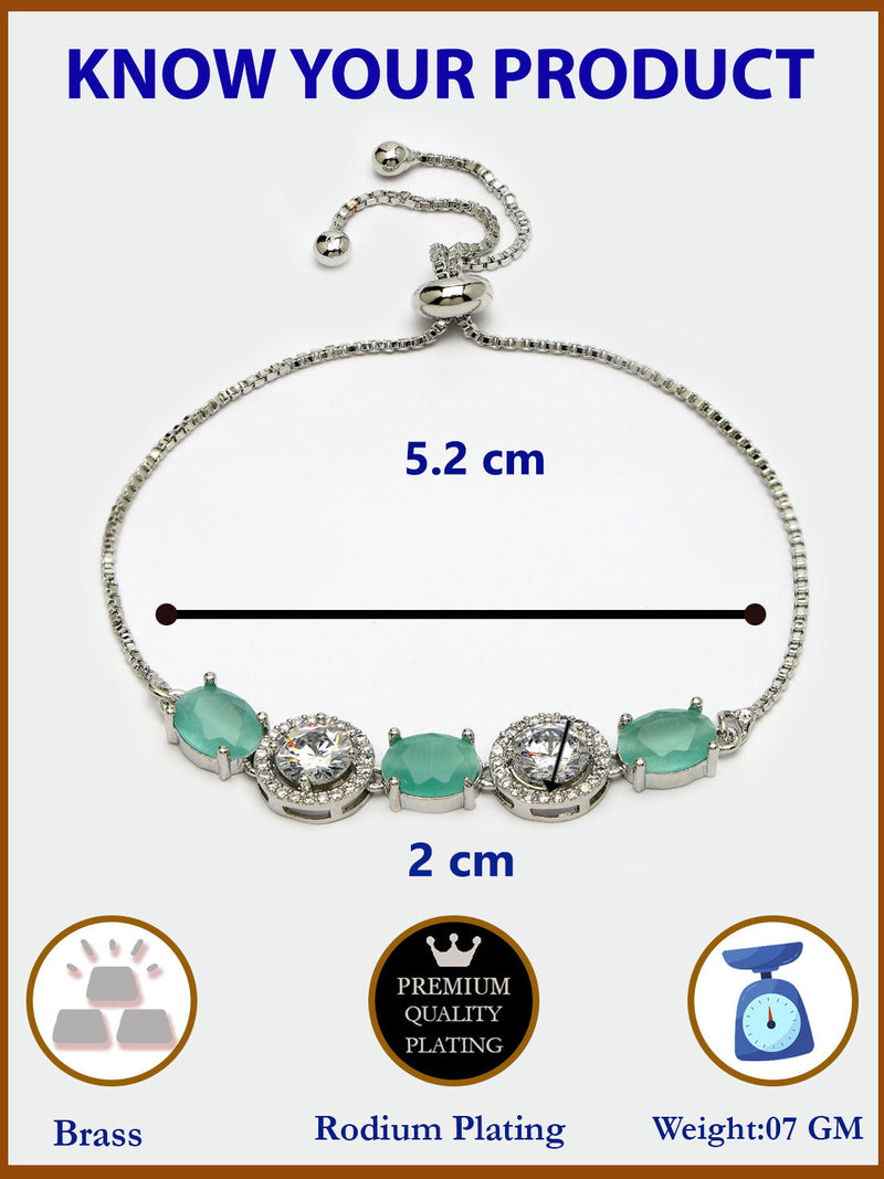 Rhodium Plated Silver Toned White Round & Mint Green Oval AD Studded Wraparound Adjustable Bracelet