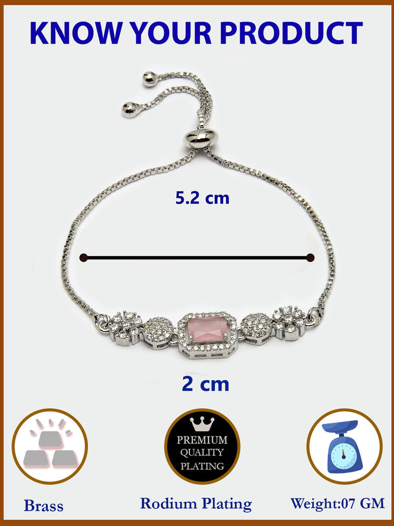 Rhodium Plated Silver Toned Pink Square Centerpiece Ad Studded Bracelet With Beads & Floral Accents Wraparound Adjustable Bracelet