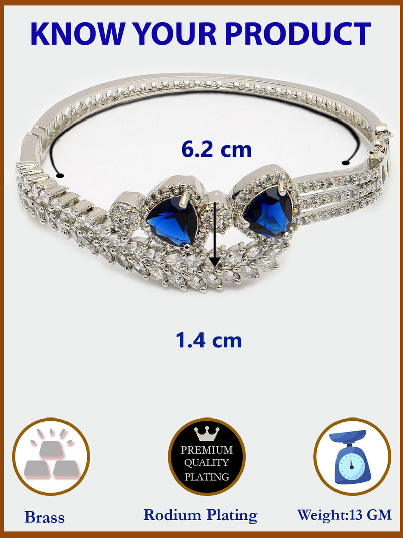 Rhodium Plated Silver Toned Blue Teardrop American Diamond Studded Cuff Bracelet