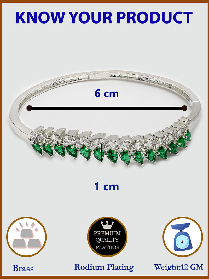 Rhodium Plated with Leaf Shaped Design & Green American Diamond Studded Kada Bracelet