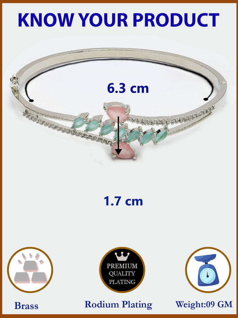 Rhodium Plated Silver Toned  Leaf Design Mint Green & Pink Teardrop American Diamond Studded Cuff Bracelet