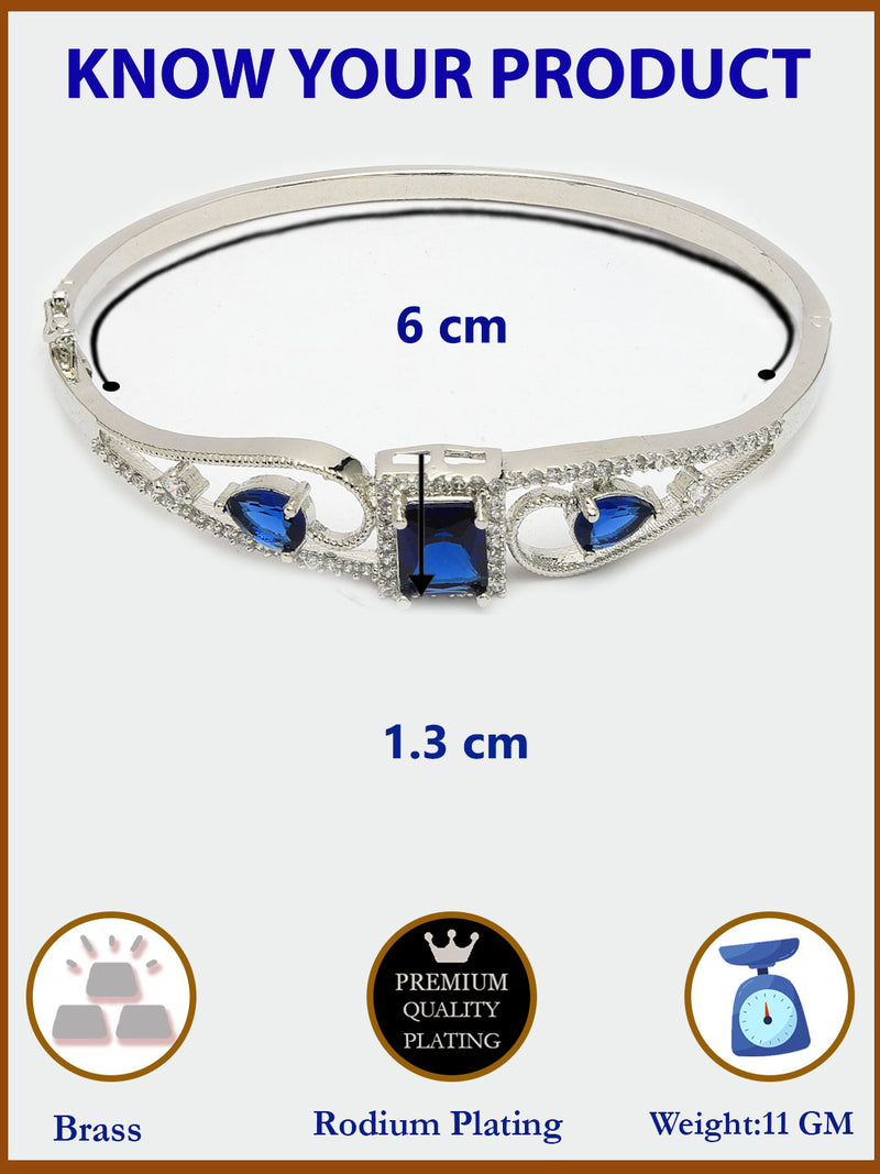Rhodium Plated Silver Toned Blue Square & Teardrop American Diamond Studded Cuff Bracelet