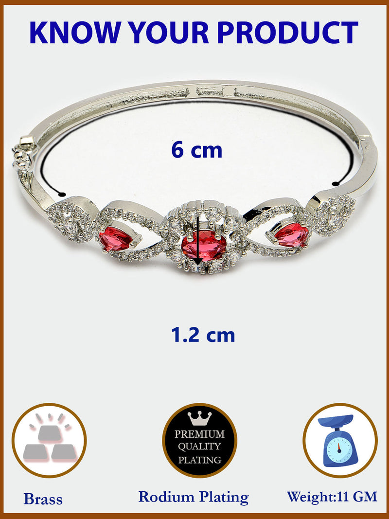 Rhodium Plated Silver Toned Oval & Teardrop Red American Diamond Studded Cuff Bracelet