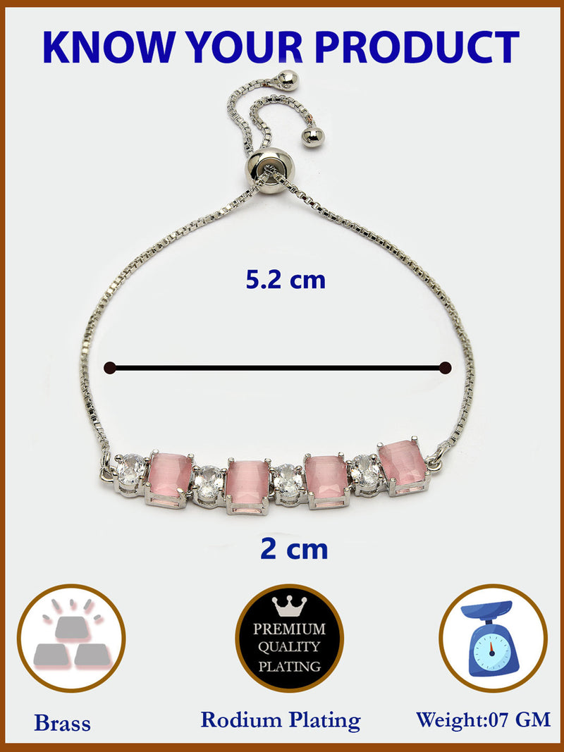 Rhodium Plated Silver Toned White Round & Pink Square Cut AD  Studded  Wraparound Adjustable Bracelet