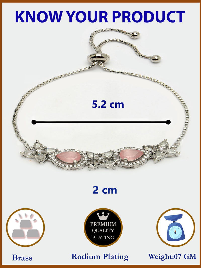 Rhodium Plated Silver Toned White Flower & Pink Teardrop American Diamond Studded  Wraparound Adjustable Bracelet