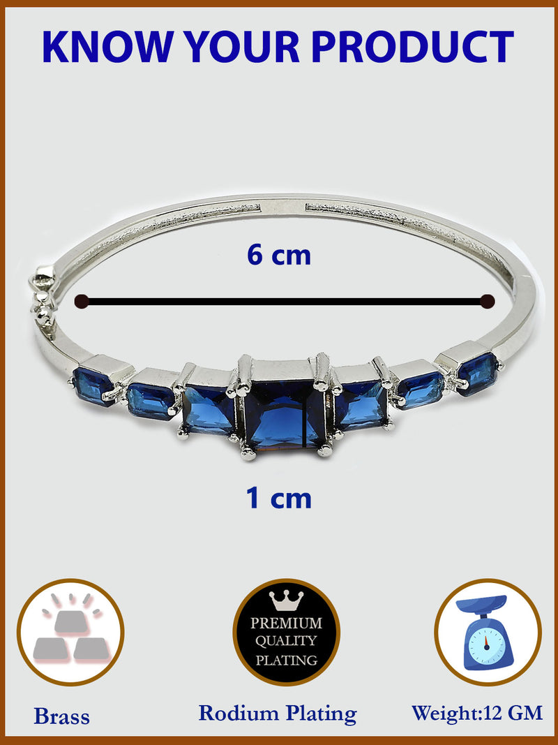 Rhodium Plated with Square Shaped Blue American Diamond Studded Kada Bracelet