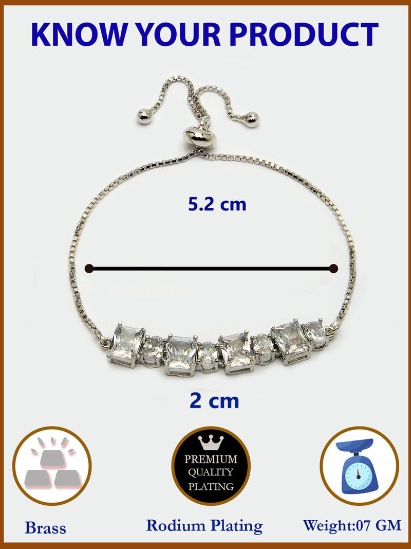 Rhodium Plated Silver Toned White Round &  Square Cut AD Studded Wraparound Adjustable Bracelet