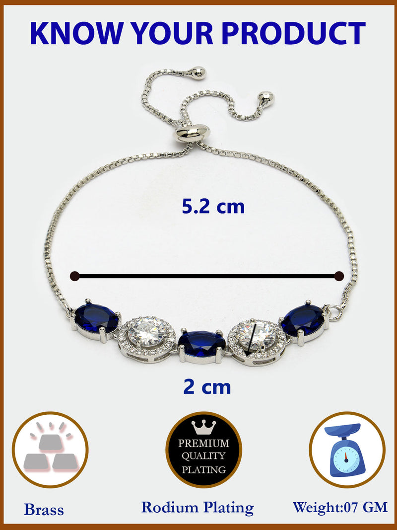 Rhodium Plated Silver Toned White Round & Blue  Oval AD Studded Wraparound Adjustable Bracelet