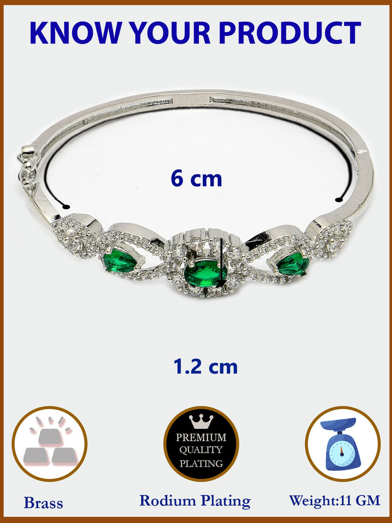 Rhodium Plated Silver Toned Oval & Teardrop Green American Diamond Studded Cuff Bracelet