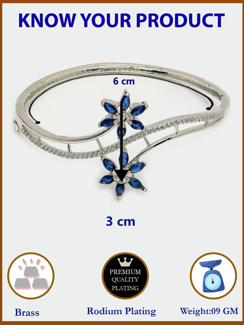 Rhodium Plated Silver Toned Floral Design Blue American Diamond Studded Cuff Bracelet