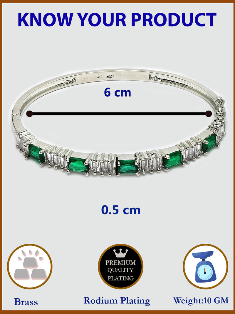 Rhodium Plated with Green & White American Diamond Studded Kada Bracelet