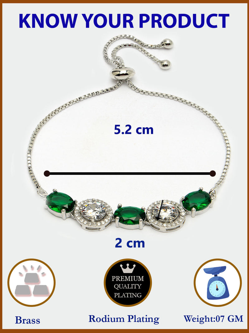 Rhodium Plated Silver Toned White Round & Green Oval AD Studded Wraparound Adjustable Bracelet