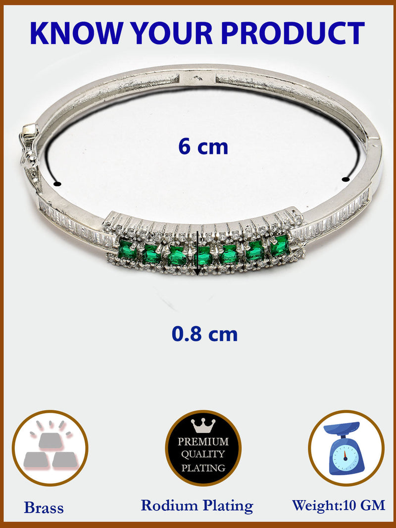 Rhodium Plated Silver Toned Minimal Round Green American Diamond Studded Cuff Bracelet