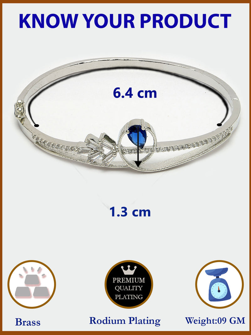 Rhodium Plated Silver Toned Blue Teardrop American Diamond Studded Cuff Bracelet