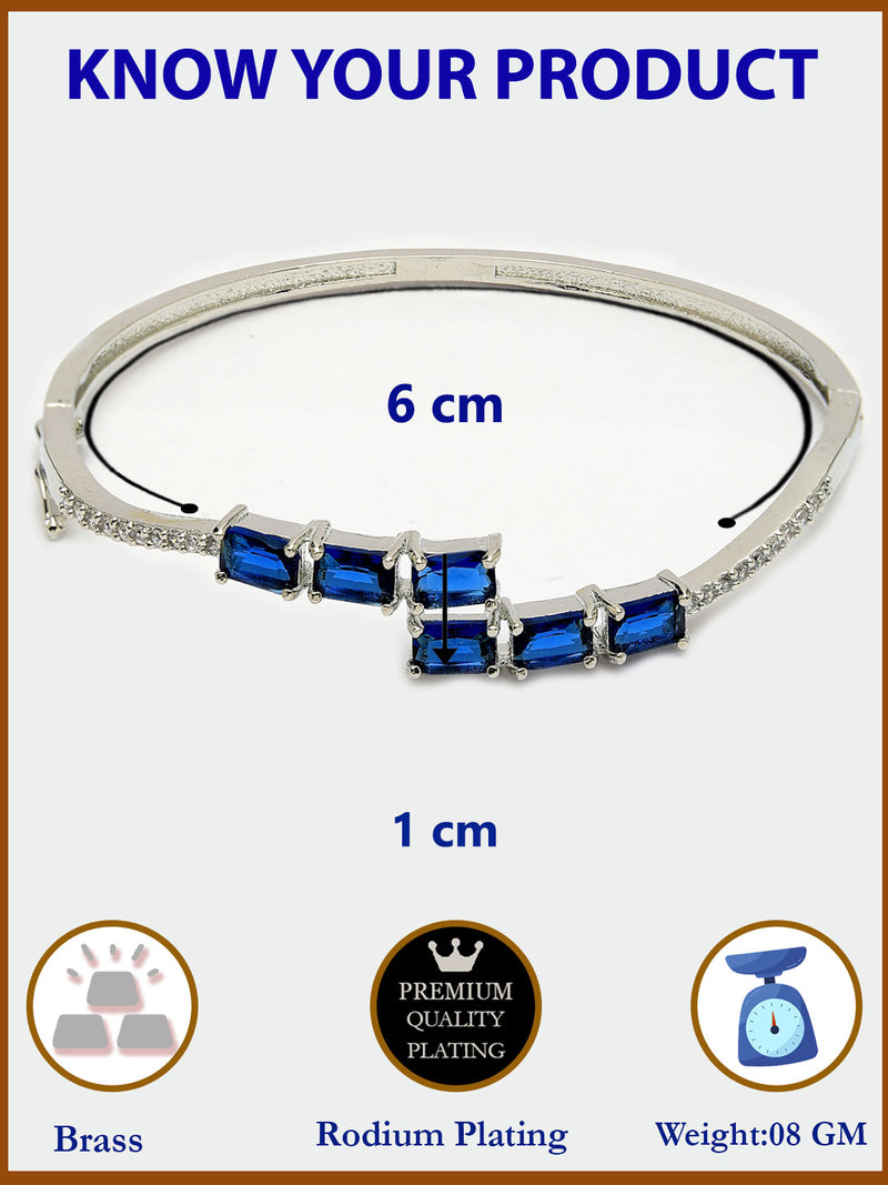 Rhodium Plated Silver Toned Blue Baguette Cut American Diamond Studded Cuff Bracelet