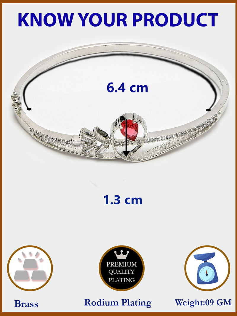 Rhodium Plated Silver Toned Red Teardrop  American Diamond Studded Cuff Bracelet