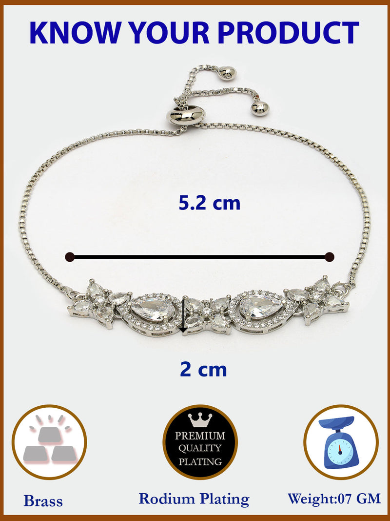 Rhodium Plated Silver Toned White Flower & Teardrop American Diamond Studded Wraparound Adjustable Bracelet