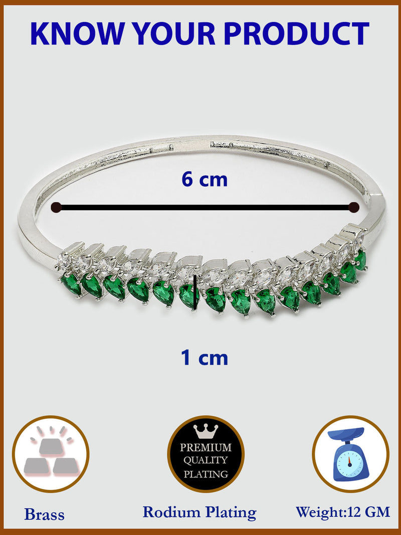 Rhodium Plated Silver Toned Leaf Shaped Green American Diamond Studded Bracelet