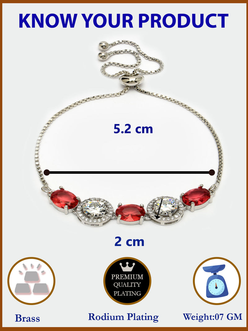 Rhodium Plated Silver Toned White Round & Red Oval AD Studded  Wraparound Adjustable Bracelet