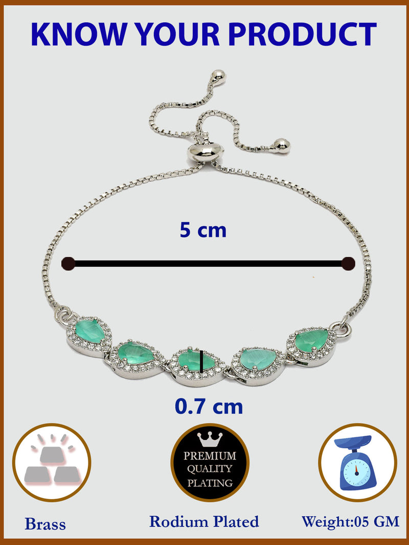 Rhodium Plated with Sea green American Diamond Studded in Teardrop Design Wraparound Bracelet