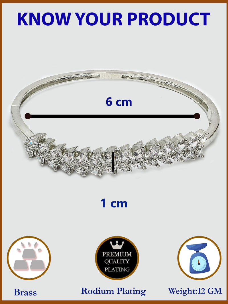 Rhodium Plated Silver Toned Leaf Shaped White  American Diamond Studded Bracelet