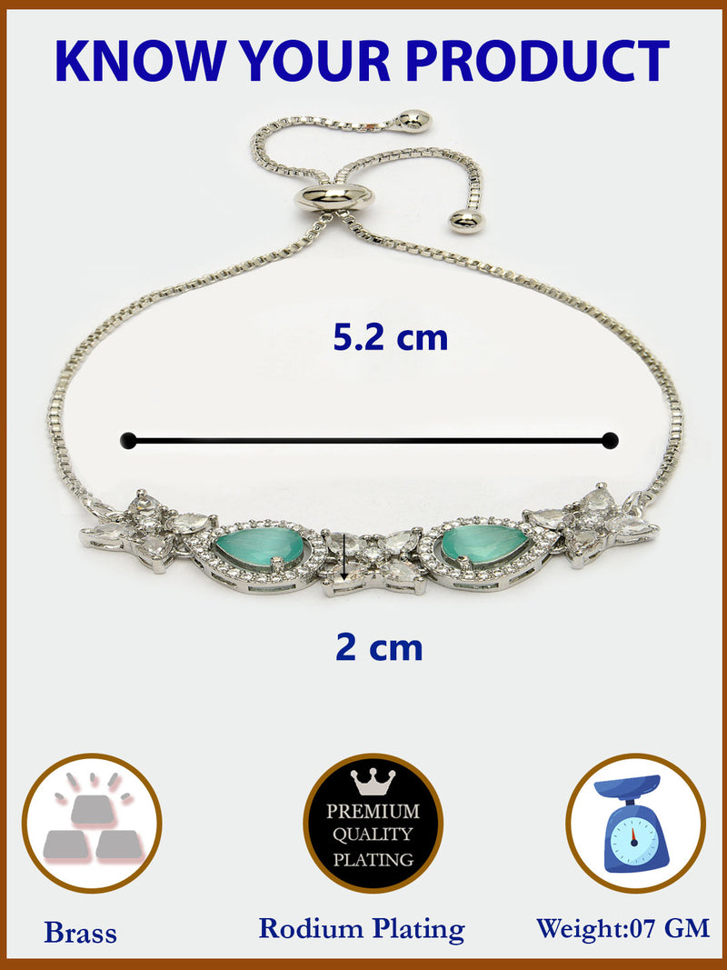 Rhodium Plated Silver Toned White Flower & Mint Green Teardrop American Diamond Studded Wraparound Adjustable Bracelet