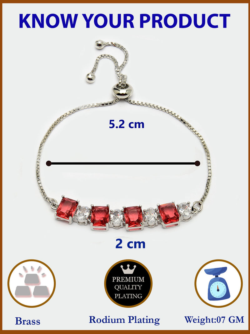 Rhodium Plated Silver Toned White Round & Red Square Cut AD Studded Bracelet | Wraparound Adjustable Bracelet