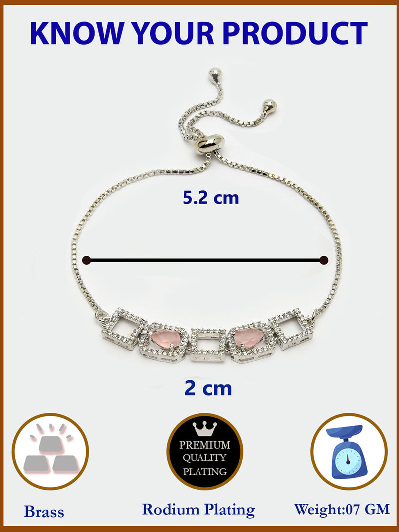 Zeneme Rhodium Plated Silver Toned White Square Cut Pink Teardrop American Diamond Studded  Wraparound Adjustable Bracelet