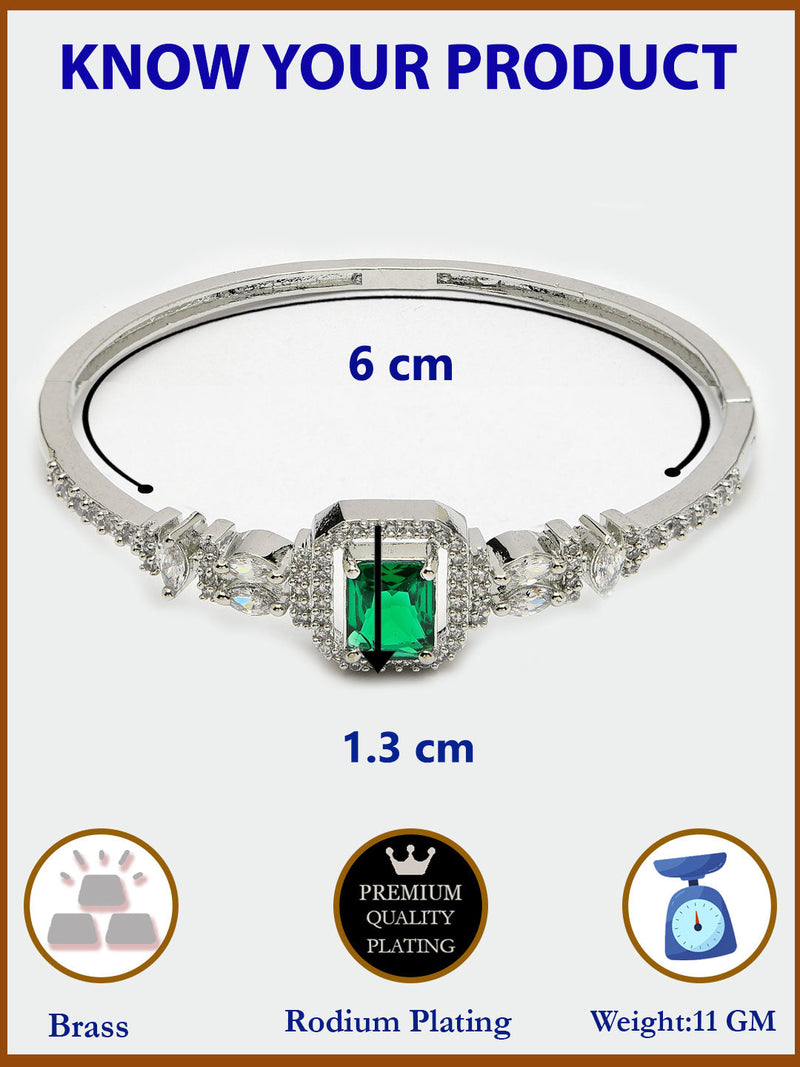Rhodium Plated Silver Toned Green Rectangle American Diamond Studded Cuff Bracelet