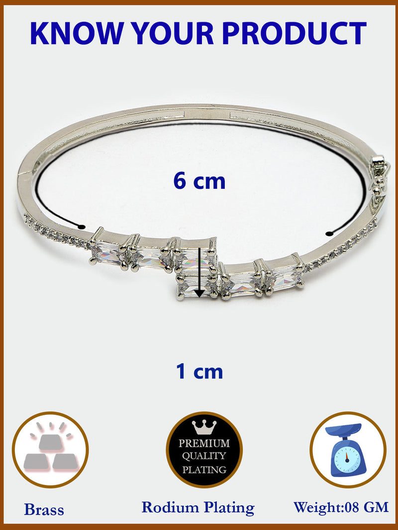 Rhodium Plated Silver Toned White Baguette Cut American Diamond Studded Cuff Bracelet