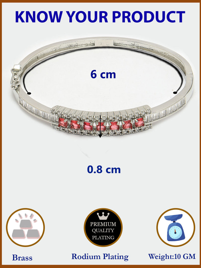Rhodium Plated Silver Toned Minimal Round Red American Diamond Studded Cuff Bracelet