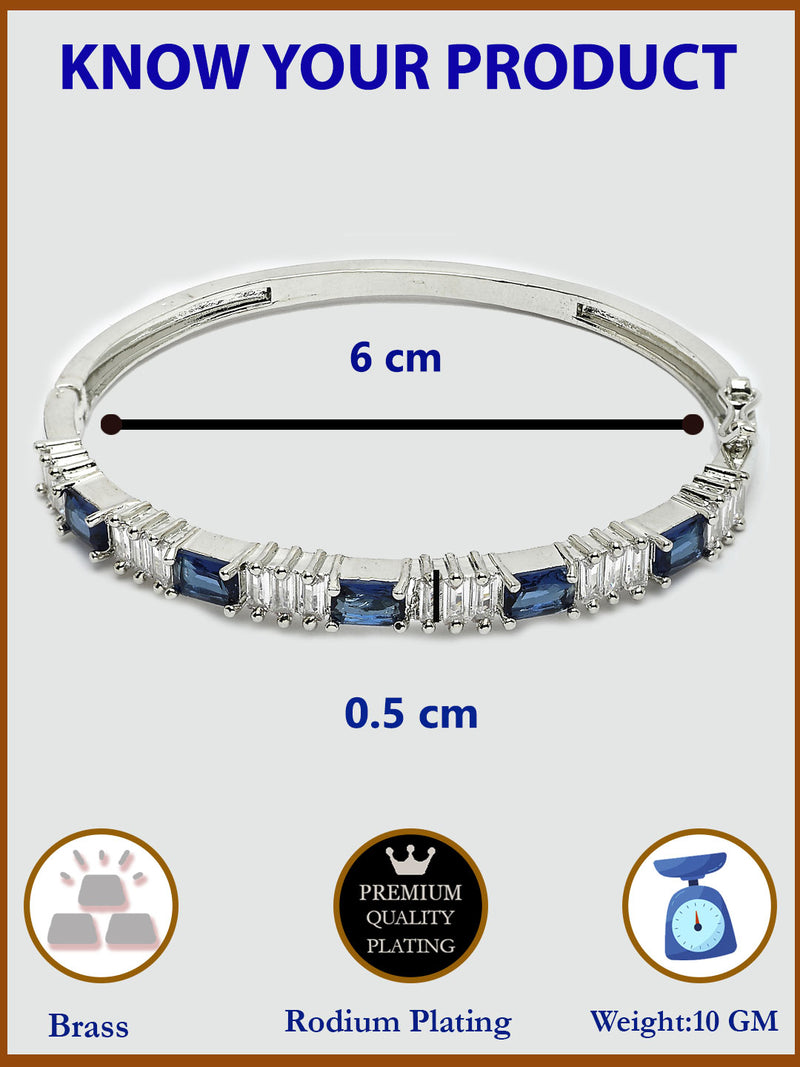 Rhodium Plated with Blue & White American Diamond Studded Kada Bracelet