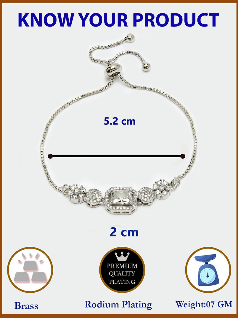 Rhodium Plated Silver Toned White Square Centerpiece American Diamond Studded Bracelet With Beads & Floral Accents Wraparound Adjustable Bracelet