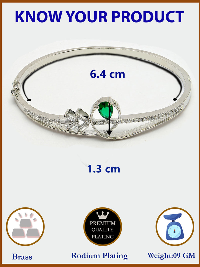 Rhodium Plated Silver Toned Green Teardrop American Diamond Studded Cuff Bracelet