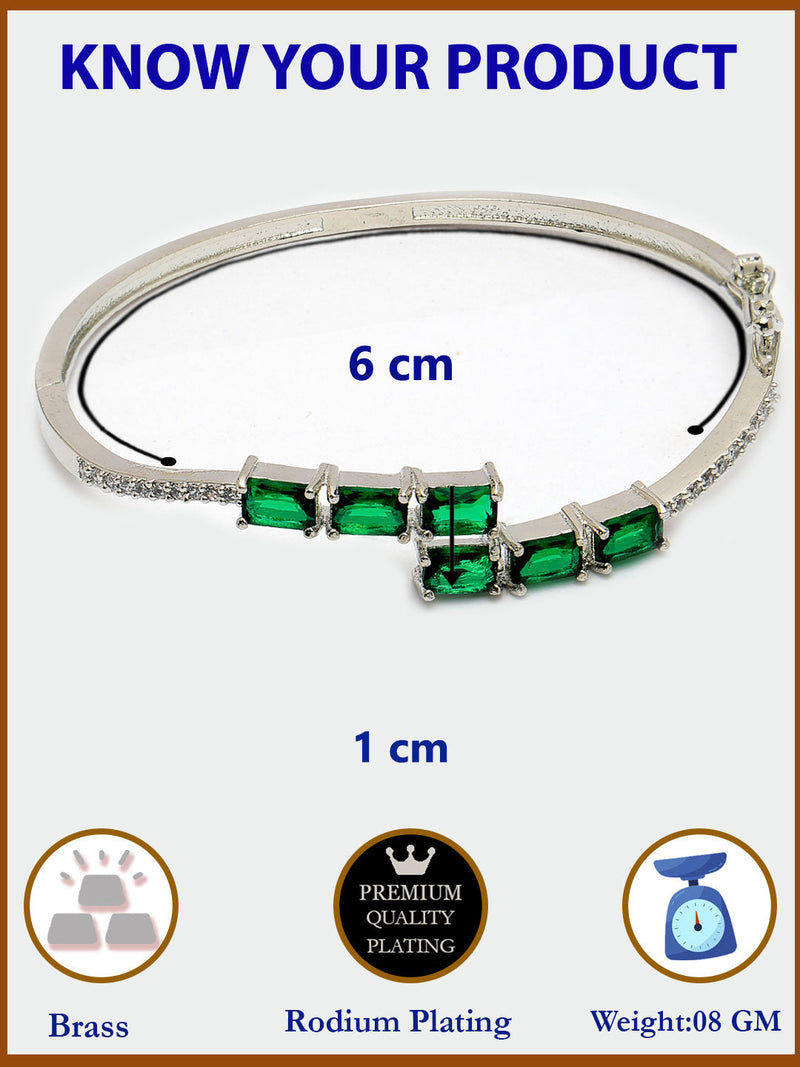 Rhodium Plated Silver Toned Green Baguette Cut American Diamond Studded Cuff Bracelet
